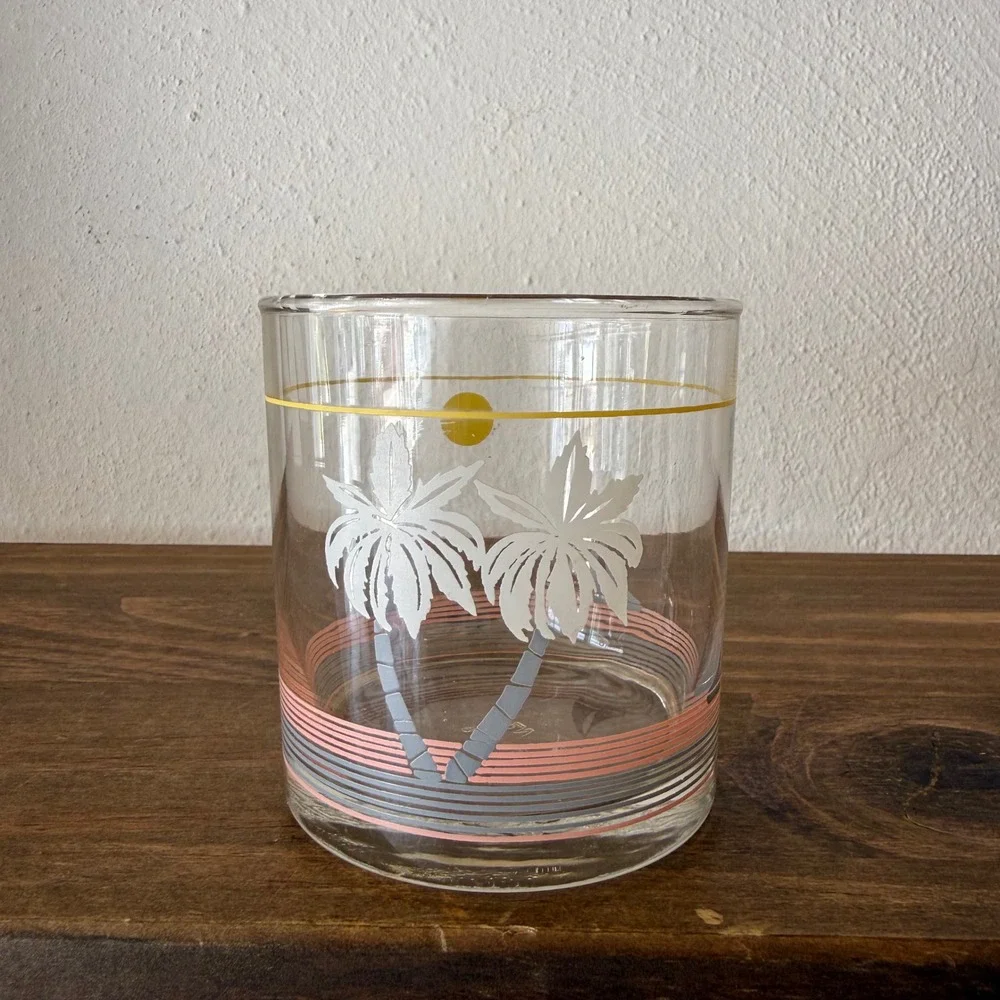 Vintage Nadir Brazil Palm Tree Sailboat Rocks Glass Retro Tropical Lowball